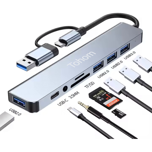 Tohom Tohom USB-Hub 8 в 1 USB 3.2 Gen 1 для SD, microSD, USB 2.0, USB 3.0