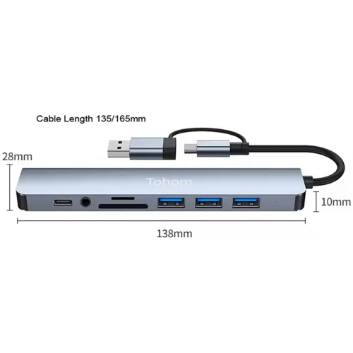 Tohom Tohom USB-Hub 8 в 1 USB 3.2 Gen 1 для SD, microSD, USB 2.0, USB 3.0