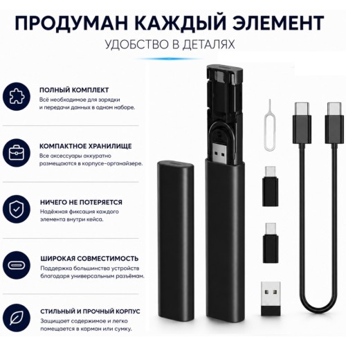 Кабель Tohom USB TypeC (M), USB TypeC (F), 0.28 м, ConnectPro 6-в-1 черный