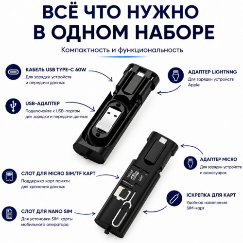 Кабель Tohom USB TypeC (M), USB TypeC (F), 0.28 м, ConnectPro 6-в-1 черный